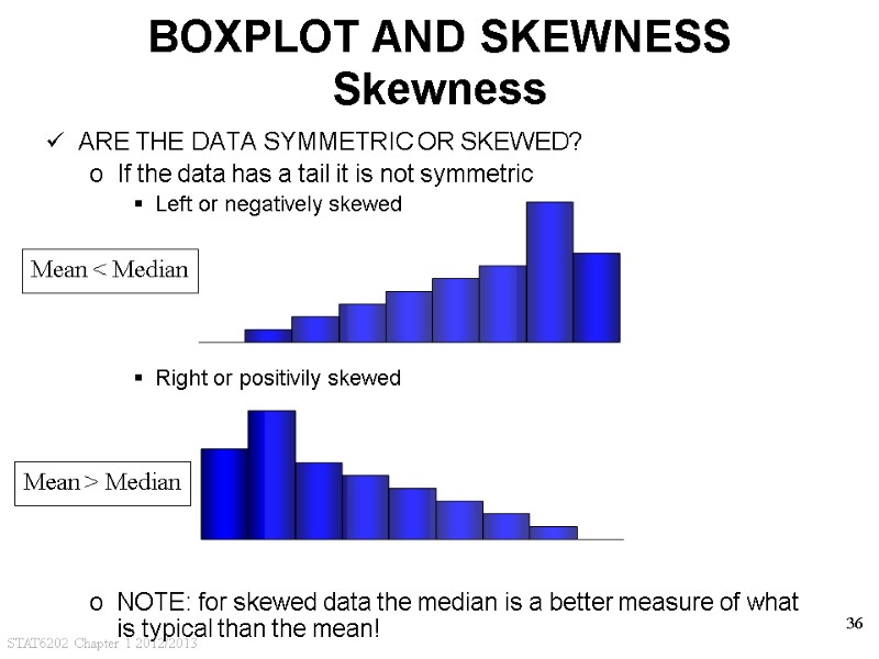 STAT6202 Chapter 1 2012/2013 36 BOXPLOT AND SKEWNESS Skewness ARE THE DATA SYMMETRIC OR